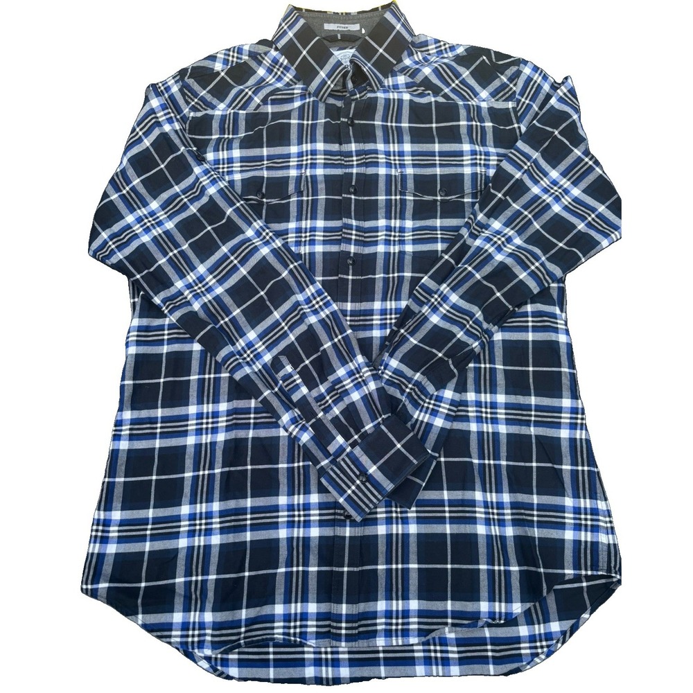 Express Men Large Blue Gray Black Plaid Cotton Long Sleeve Button-Down Shirt